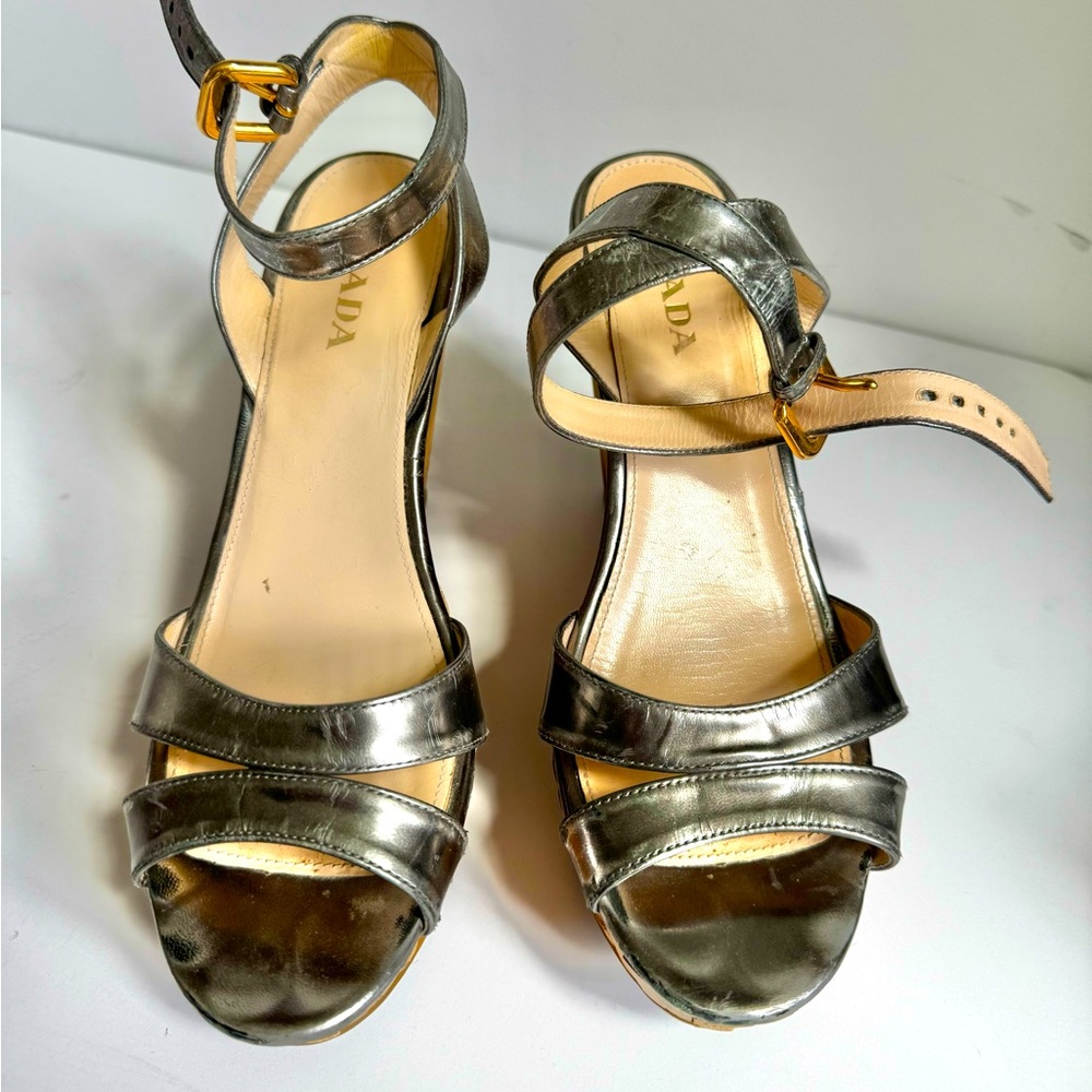 Metallic Silver PRADA Bamboo Wedge